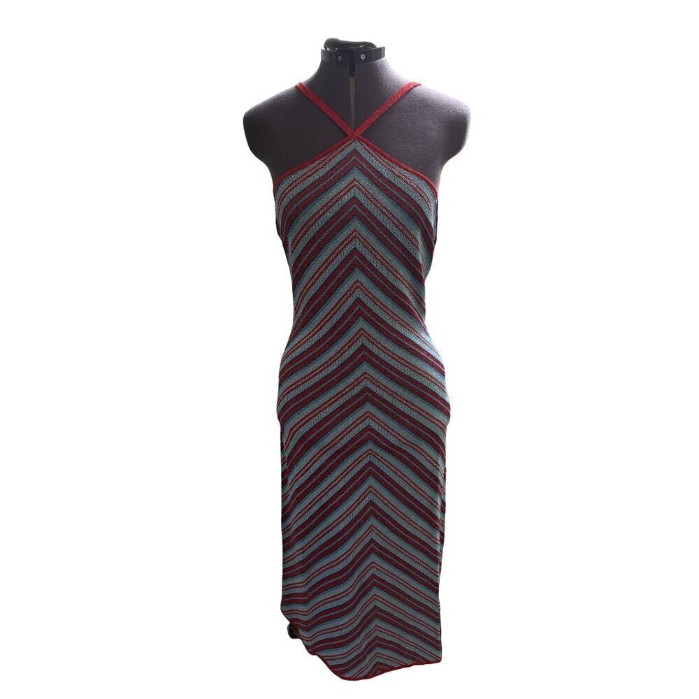 MISA LOS ANGELES DRESS Knit Halter Midi Red & Blue Metallic Sz L - Picture 7 of 13